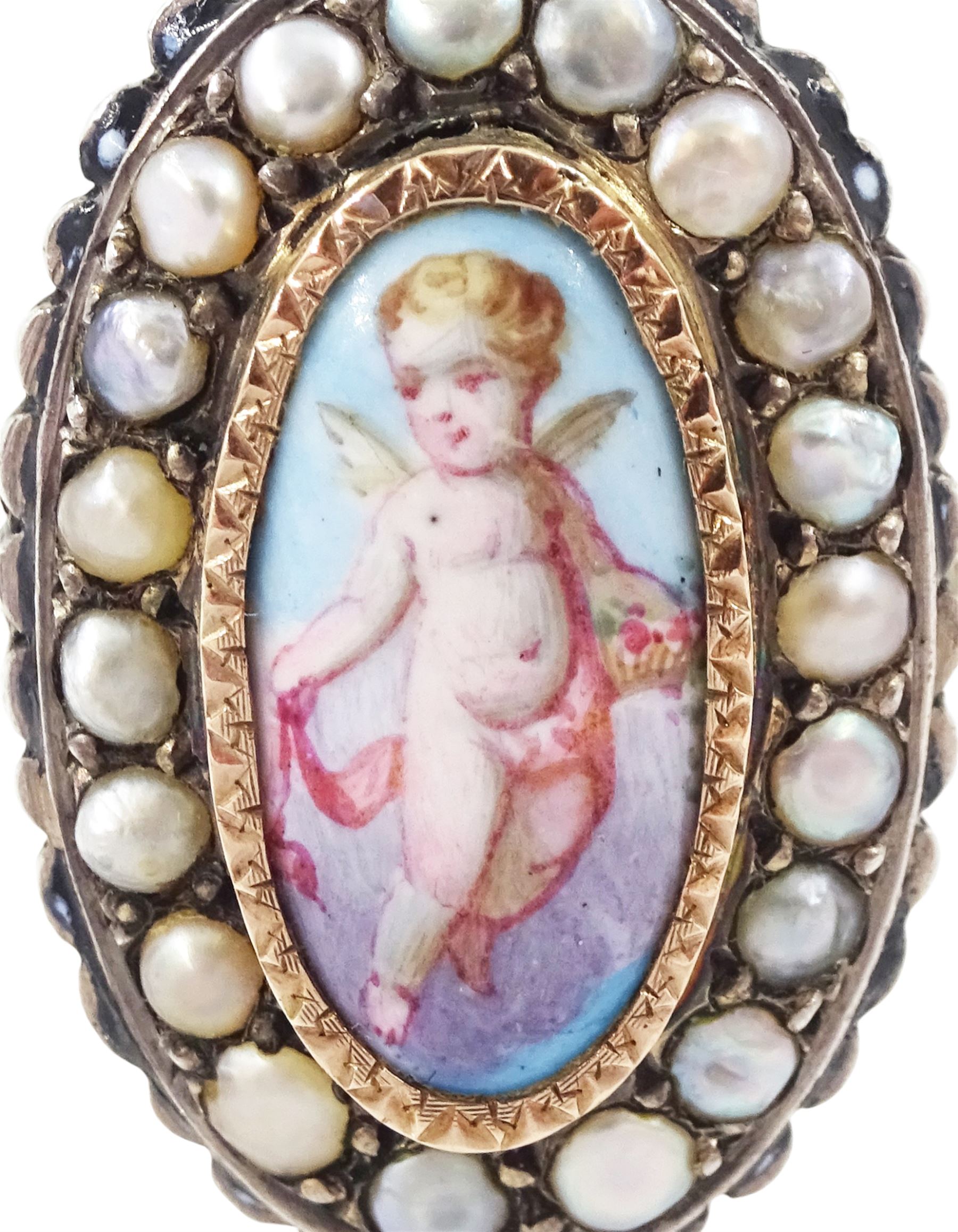 19th century French silver enamel portrait ring, set with an oval hand painted panel of a cherub, with split pearl surround