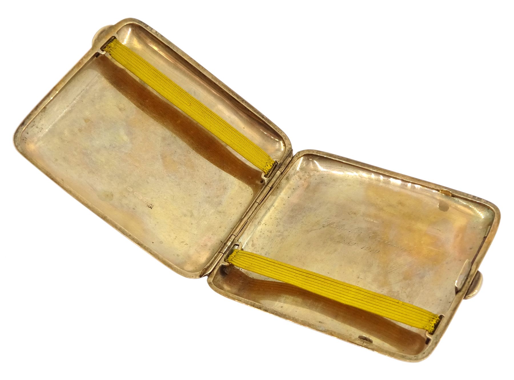 Early 20th century 9ct gold cigarette by Charles S Green & Co Ltd, Birmingham, with engraved initials to front case and personalised engraving to interior 
