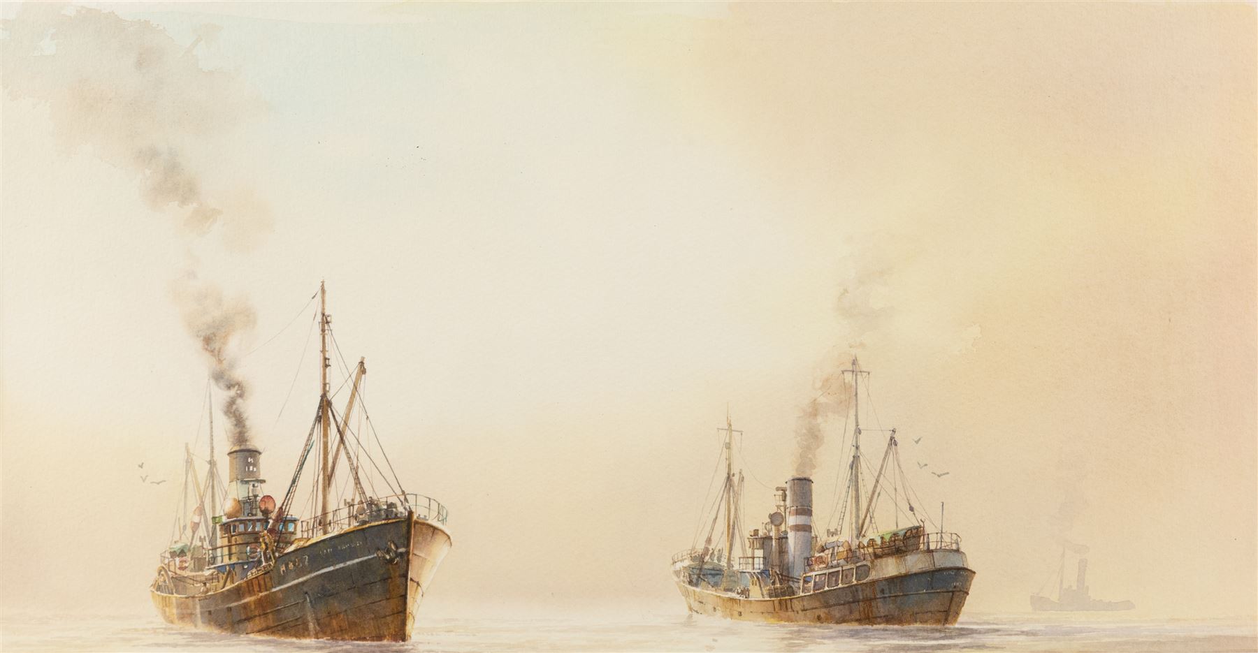 David C Bell (British 1950-): Two Steam Trawlers, watercolour 27.5cm x 48cm
