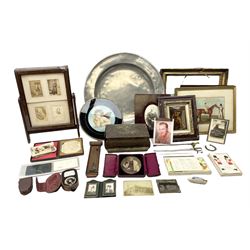 Group of assorted collectables, to include late 19th/early 20th century revolving album, 18th century pewter charger, various framed and unframed pictures and prints, gilt frame, etc., in one box 