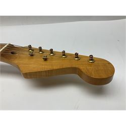 Fender Stratocaster style electric guitar in metallic blue with Rio Grande pick-ups and Fender back-plate L98cm; in Fender soft carrying case