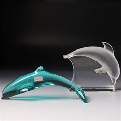 Lalique clear and frosted glass dolphin, label to base W12cm, boxed and a Baccarat blue gl...