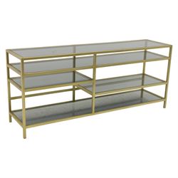 Modern glass and gilt metal media stand, rectangular smoked glass top panel set within a g...