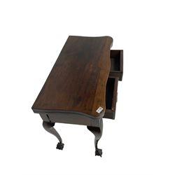 19th century mahogany side or tea table, shaped fold-over top above two drawers, cabriole supports with ball and claw carved feet