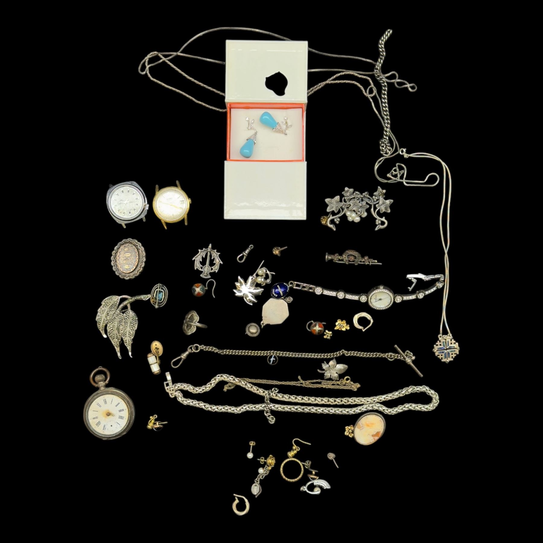 9ct gold chain, silver jewellery including Victorian brooches, earrings, chain, continental 800 standard pocket watch, etc and costume jewellery