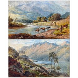 Scottish School (19th/20th century): Highland River scenes with Fisherman and Cattle Watering, pair oils on canvas unsigned 15cm x 24cm (2)