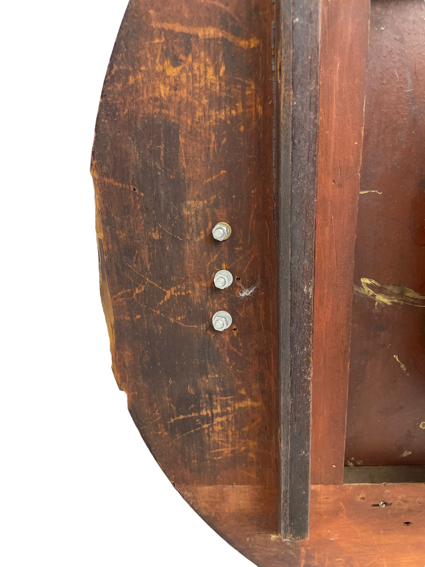 Joseph Critchley of Liverpool -  early 19th century twin fusee 8-day rosewood and mother of pearl inlaid drop-dial wall clock c1820, inlaid circular wooden dial surround with carved ears representing grapes and vine leaves, glazed box with a scroll carved surround, curved base and pendulum adjustment door, 14” painted dial with Roman numerals, minute track, and pierced steel hands within a cast brass bezel and flat glass, dial pinned to a four pillar chain driven fusee movement striking the hours on a bell. With pendulum and key.