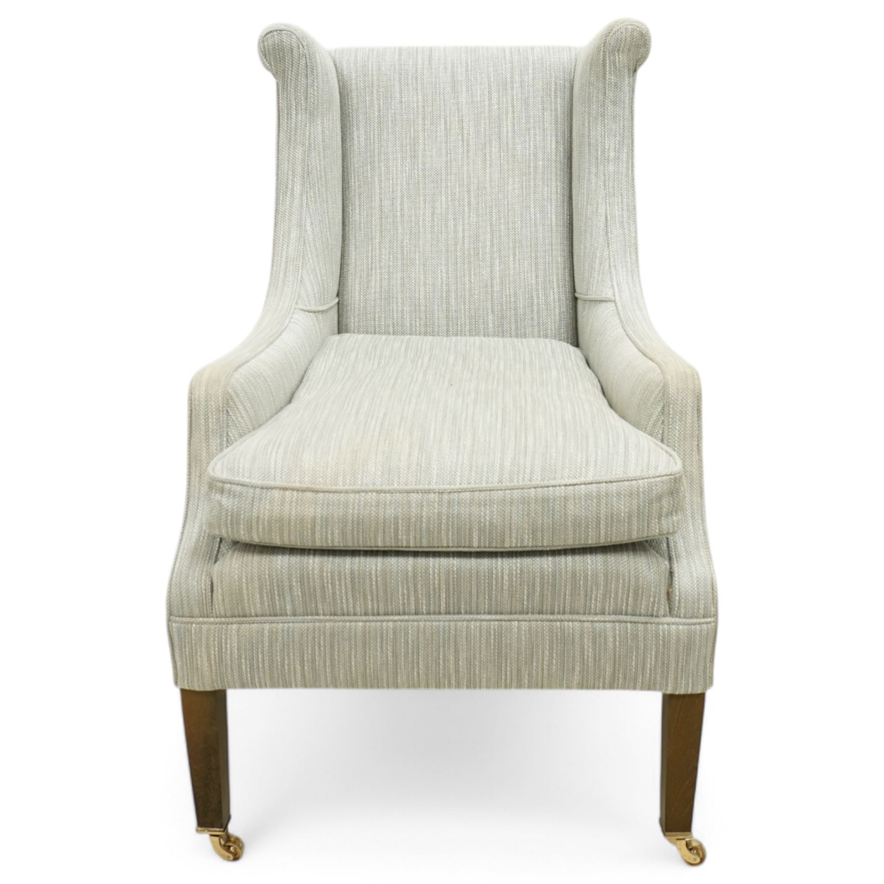 Whitehead designs - Edwardian design 'Tissington' wingback armchair on square tapering feet with castors, upholstered in natural fabric