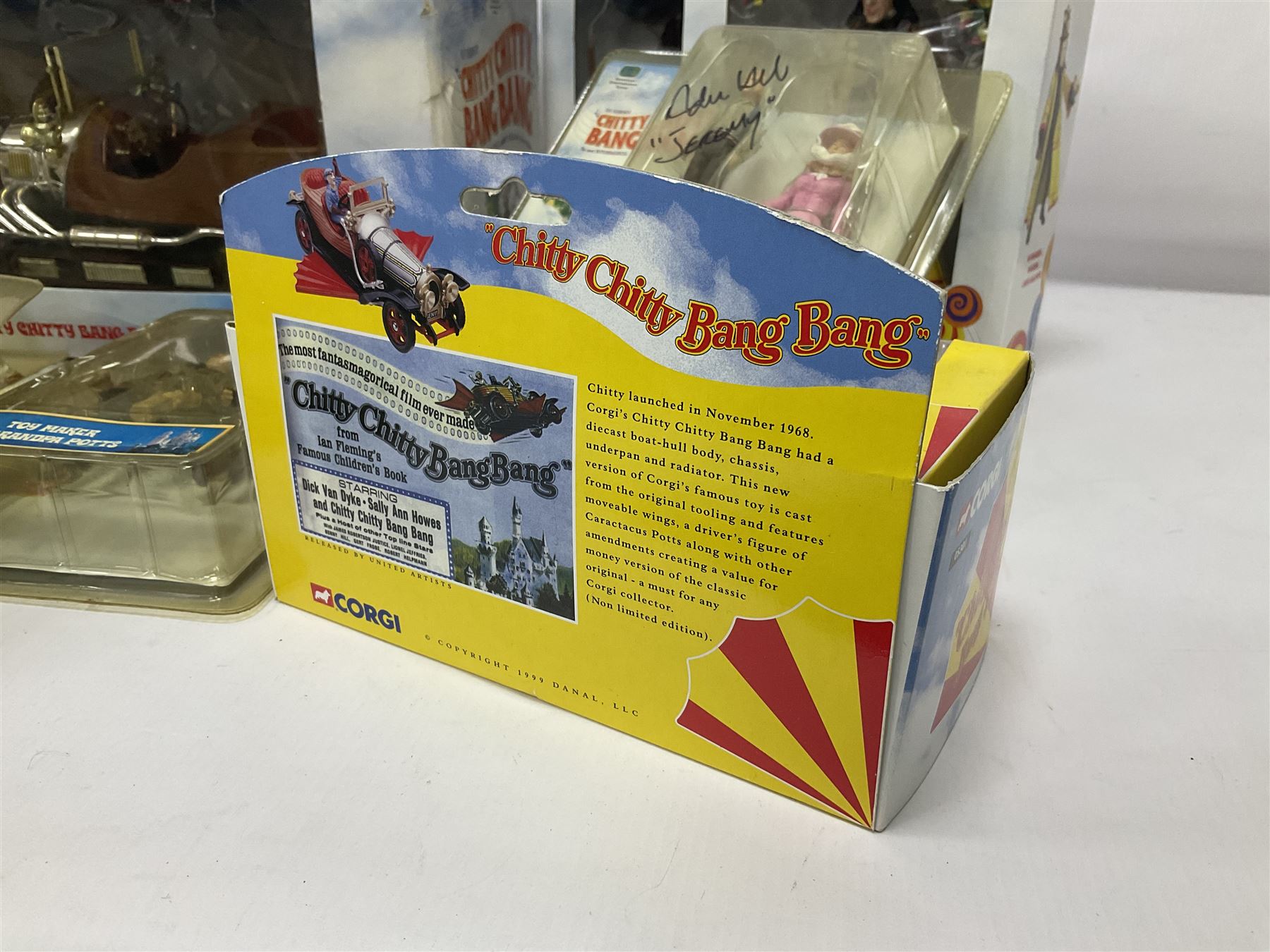 Collection of Chitty Chitty Bang Bang figures and model cars both loose and boxed, to include ‘Truly Scrumptious and Jeremy’ blister pack signed by Adrian Hall