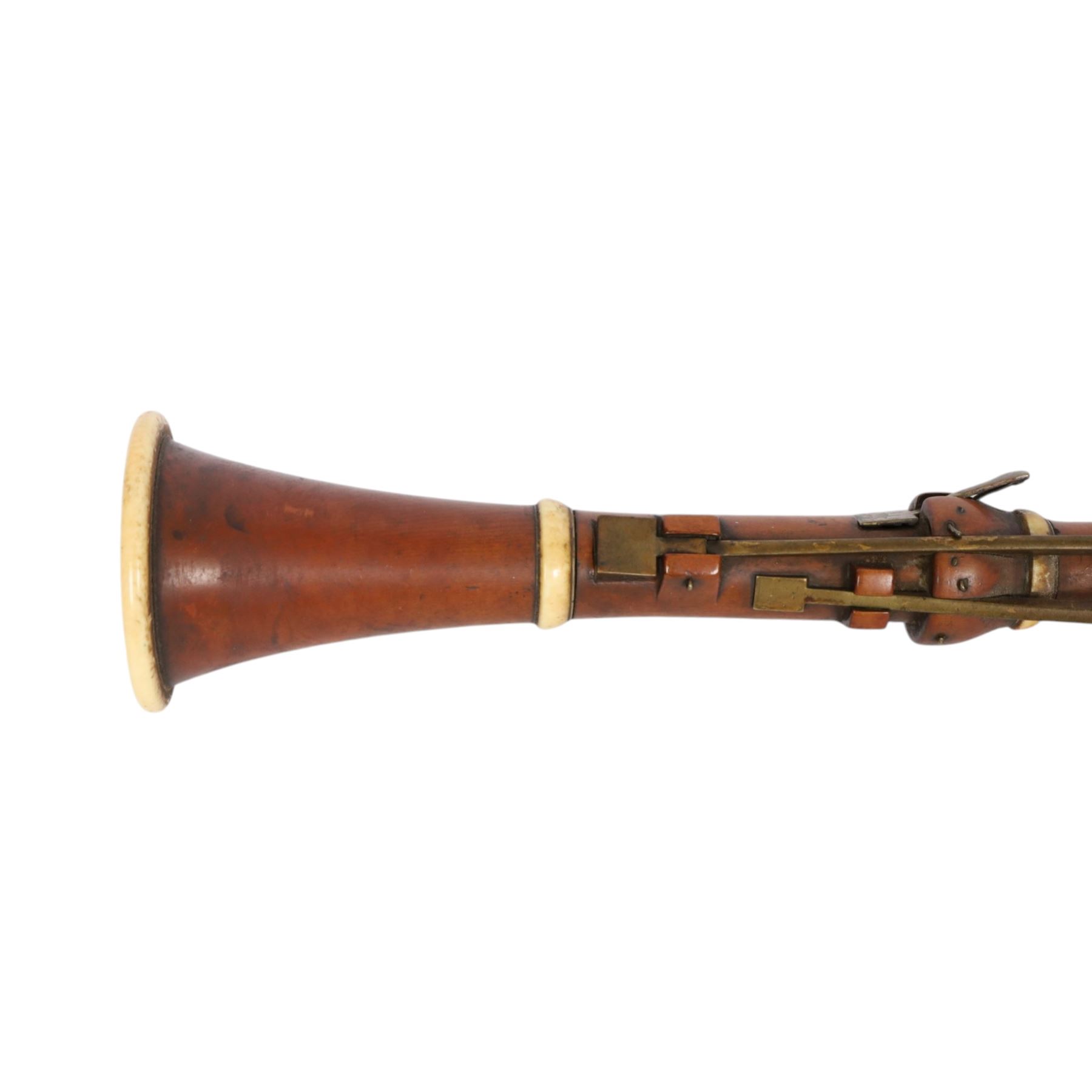 Early 19th century boxwood clarinet, each of the four sections stamped Metzler, 105 Waldour Street, London, with mouthpiece, ivory mounts and brass keys
This item has been registered for sale under Section 10 of the APHA Ivory Act