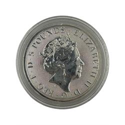 Eleven Queen Elizabeth II 'Queen's Beasts' two ounce fine silver coins, including 2016 'Lion of England', 2017 'Griffin of Edward', 2018 'Black Bull of Clarence' etc, housed in a display case