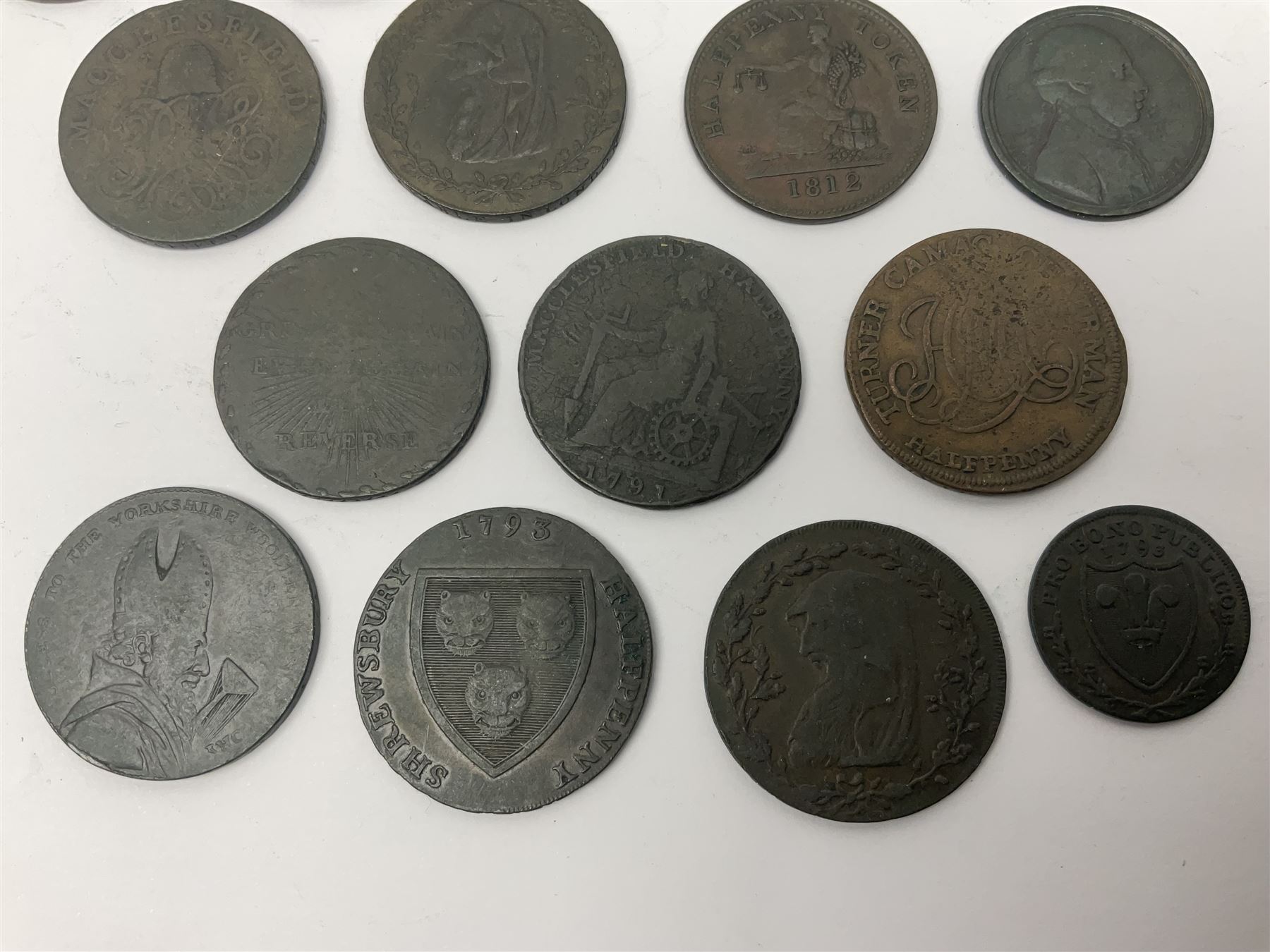 Thirty six late 18th century onwards tokens to include Georgian love token engraved ‘Betty Barlow’ to reverse of 1788 Anglesey Mines halfpenny, 1792 Coventry halfpenny, 1792 North Wales halfpenny, 1795 Duke of York halfpenny etc 