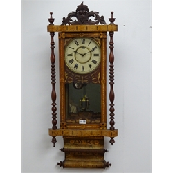  Late 19th century American style rosewood and Tunbridge ware wall clock, circular dial with Roman numerals enclosing eight day movement striking on a bell with turned columns, H102cm  