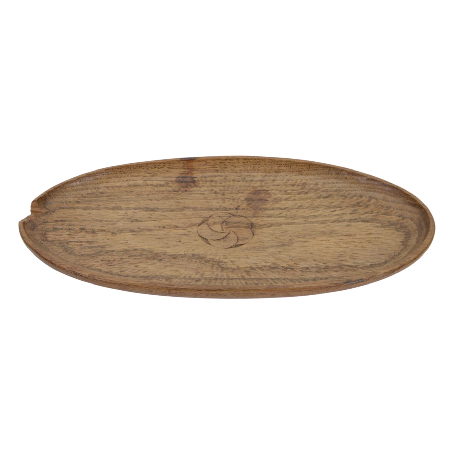 Gnomeman - tooled oak dish, carved with rose motif to the center, carved beneath with gnome signature, by Thomas Whittaker, Littlebeck, L36cm