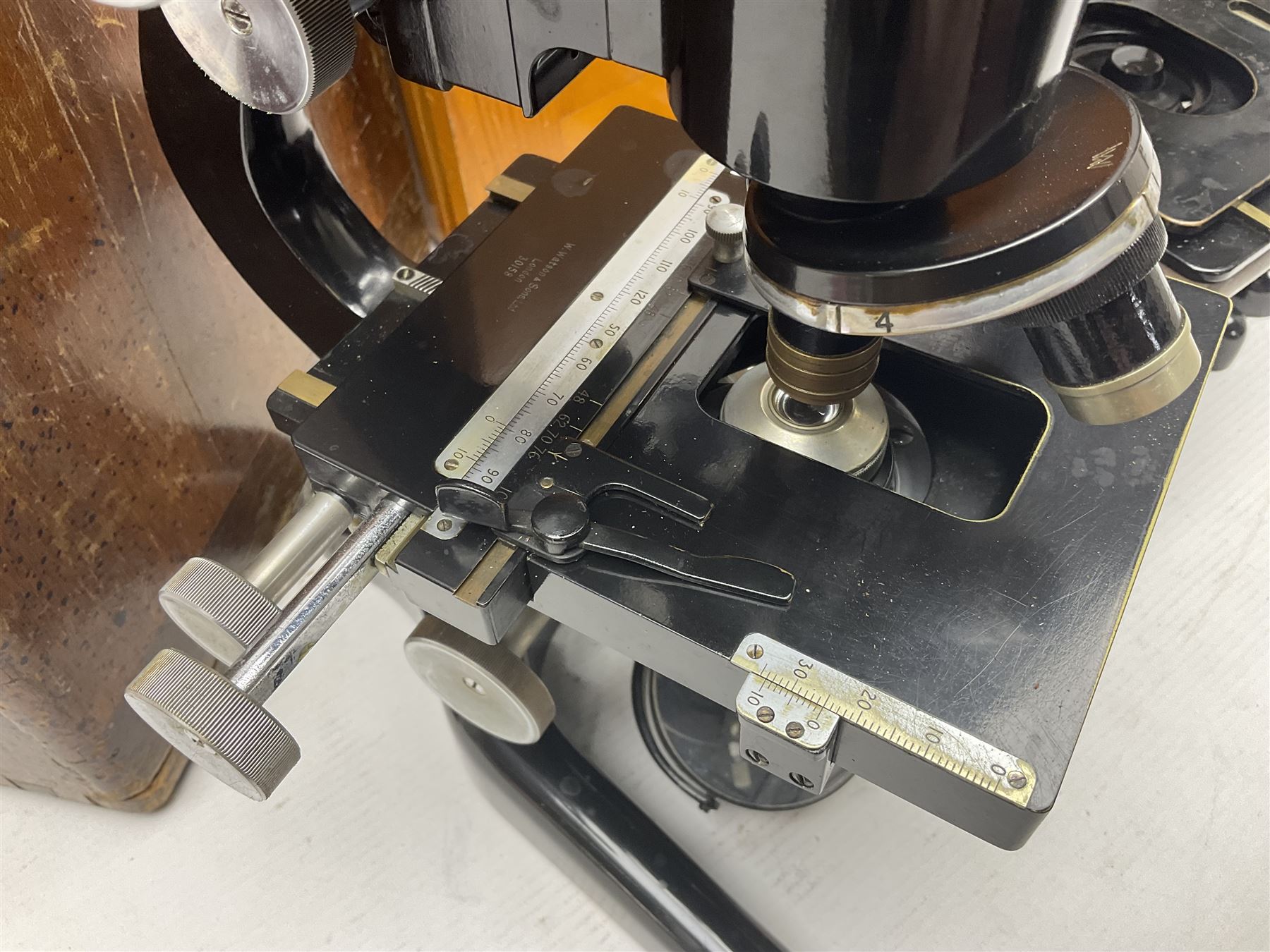 Three microscopes, comprising Ernst Leitz Wetzlar, W Watson & Sons service II no 125485, W Watson & Sons Bactil binocular no 115722, all boxed  