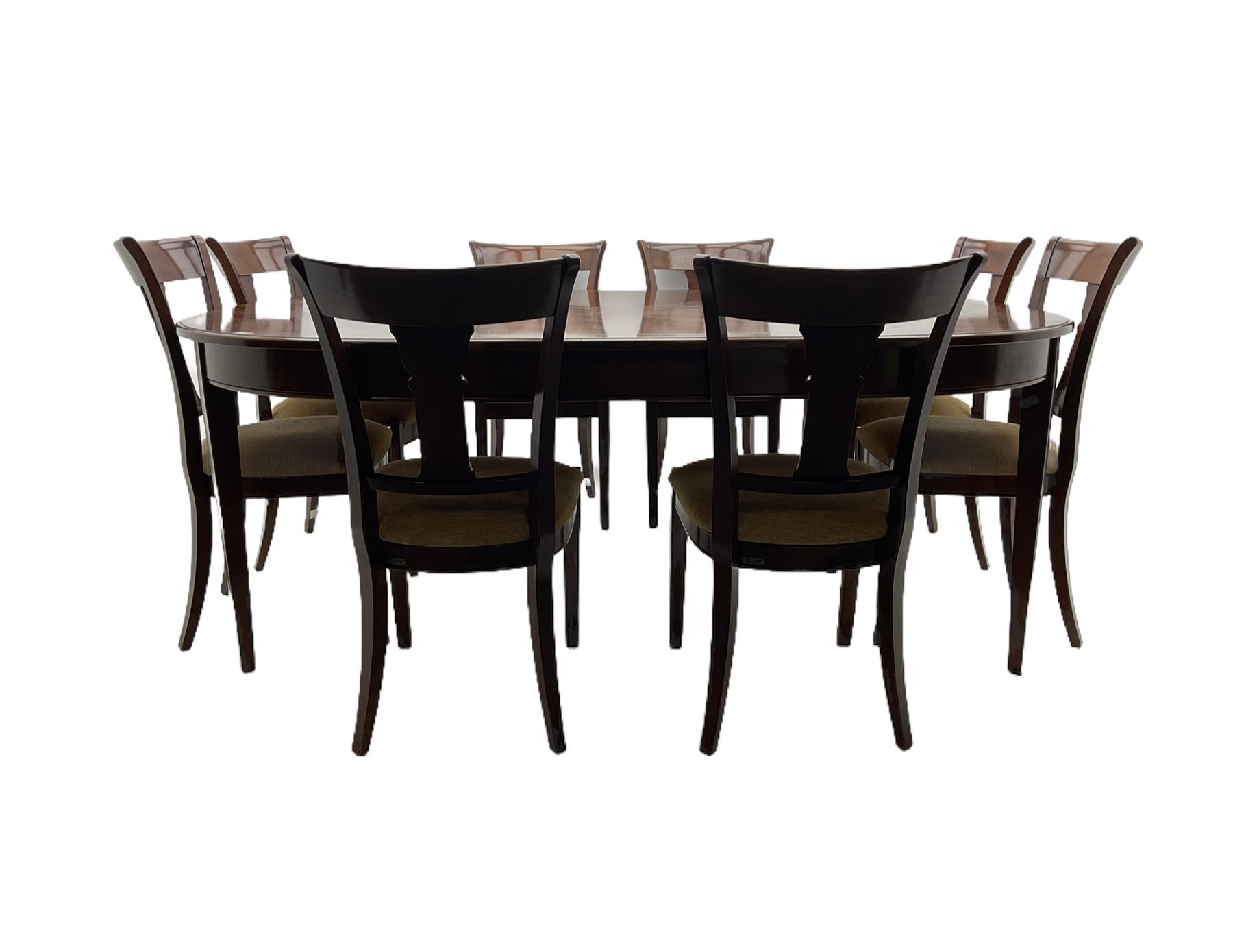 Grange Furniture - cherry wood finish oval extending dining table on square tapering supports, and a set of eight dining chairs with curved backs and upholstered seats 