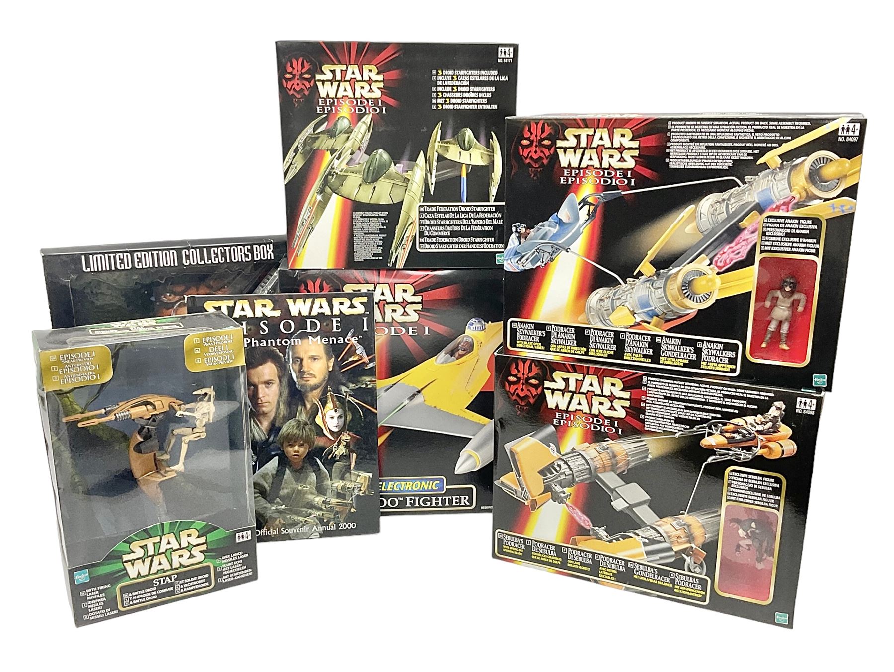 Star Wars - Episode 1 - Sebulba's Podracer, Anakin Skywalker's Podracer, Stap and Battle Droid, Trade Federation Droid Starfighter, Naboo Fighter, Limited Edition Collector's Box of Art Book, Visual Dictionary and three posters and Official Souvenir Annual 2000; all boxed (7)