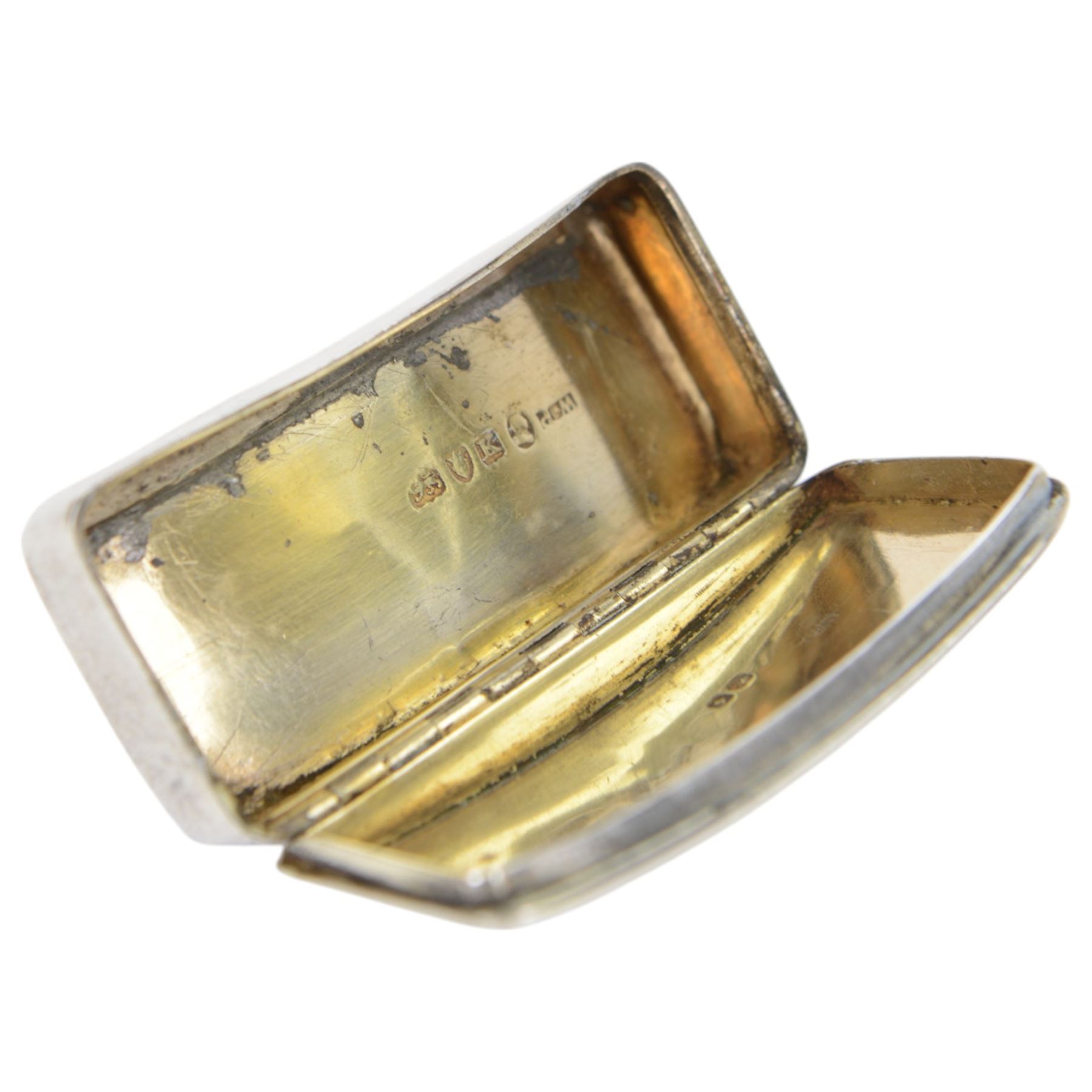 George III silver snuff box, of curved rectangular form with personal engraving to lid, hallmarked London 1805, together with two 1920s/30s silver cigarette cases, both hallmarked