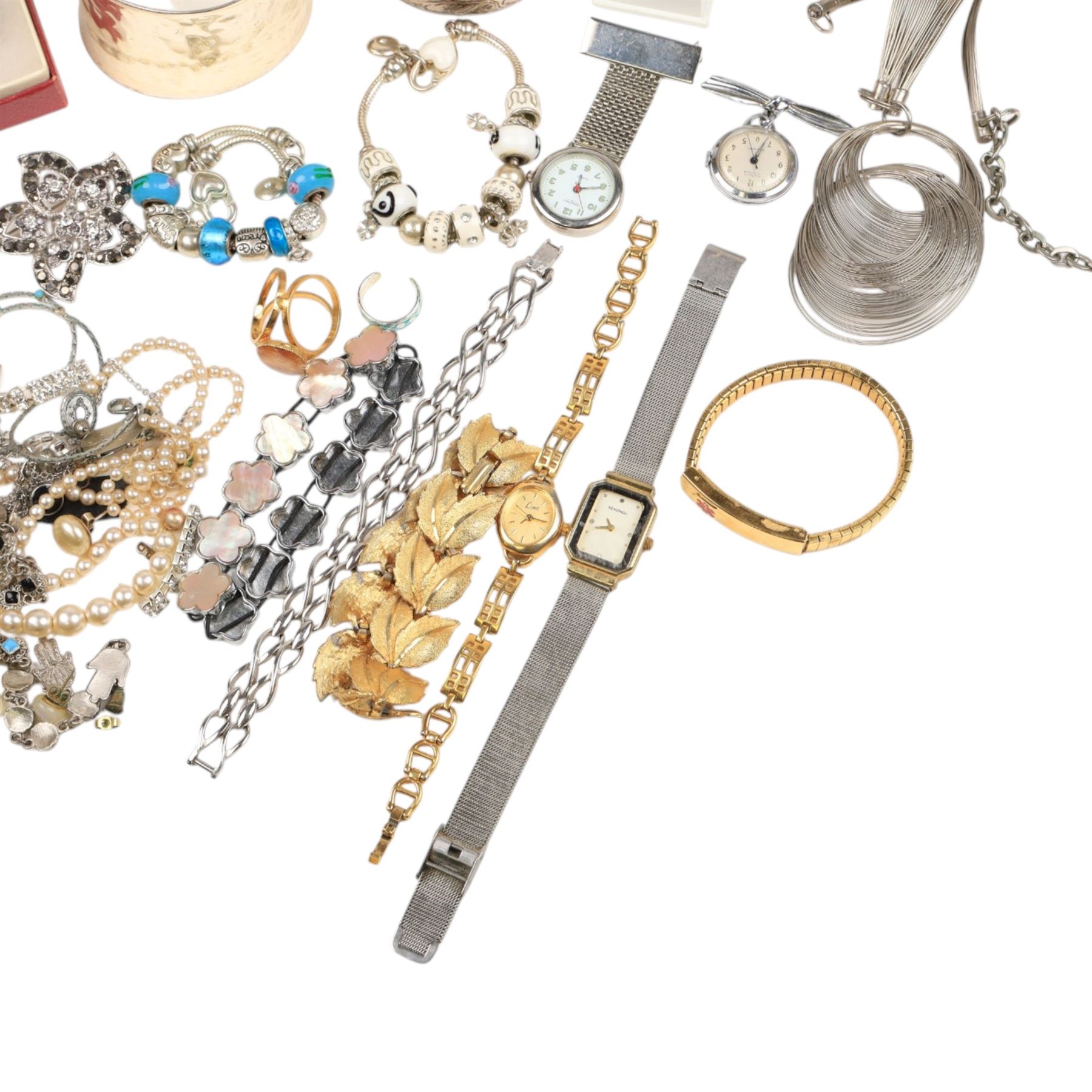 Silver jewellery, including bangle, ring and earrings, collection of costume jewellery and wristwatches