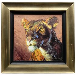 Rolf Harris (Australian 1930-): 'Lioness', limited edition colour print on canvas signed and numbered 18/20 AP in pen 43cm x 45cm