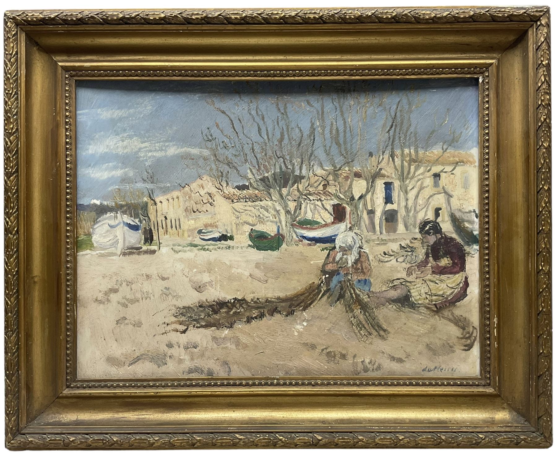 Enslin Hercules DuPlessis (South African 1894-1978): 'Mending Nets', oil on board signed, inscribed verso 29cm x 39cm