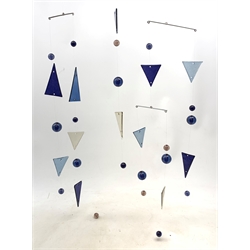  Geometric coloured glass mobile, the Counter-balanced Kandinsky inspired sculpture made up of triangular and spherical glass drops suspended from clear wire and chrome frame  