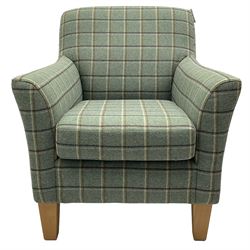 Hardwood framed armchair, upholstered in checkered fabric, on square tapering feet