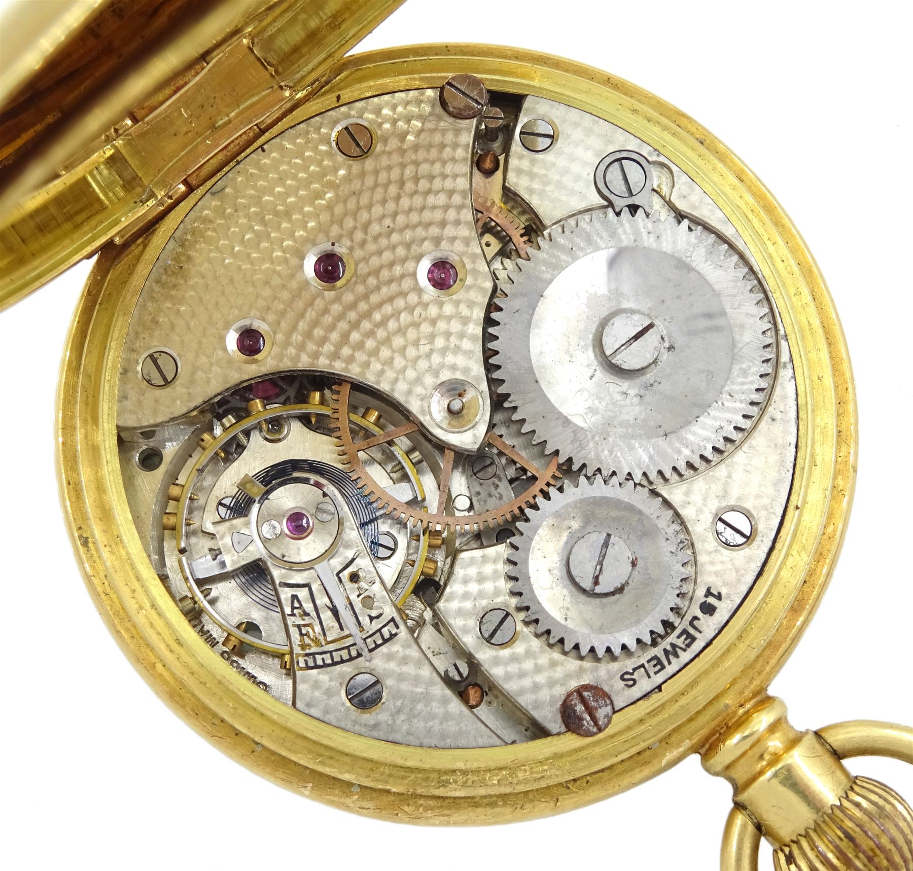 Early 20th century 18ct gold open face keyless lever pocket watch, white enamel dial with Roman numerals and subsidiary seconds dial, case makers mark J.T.P, Chester 1919