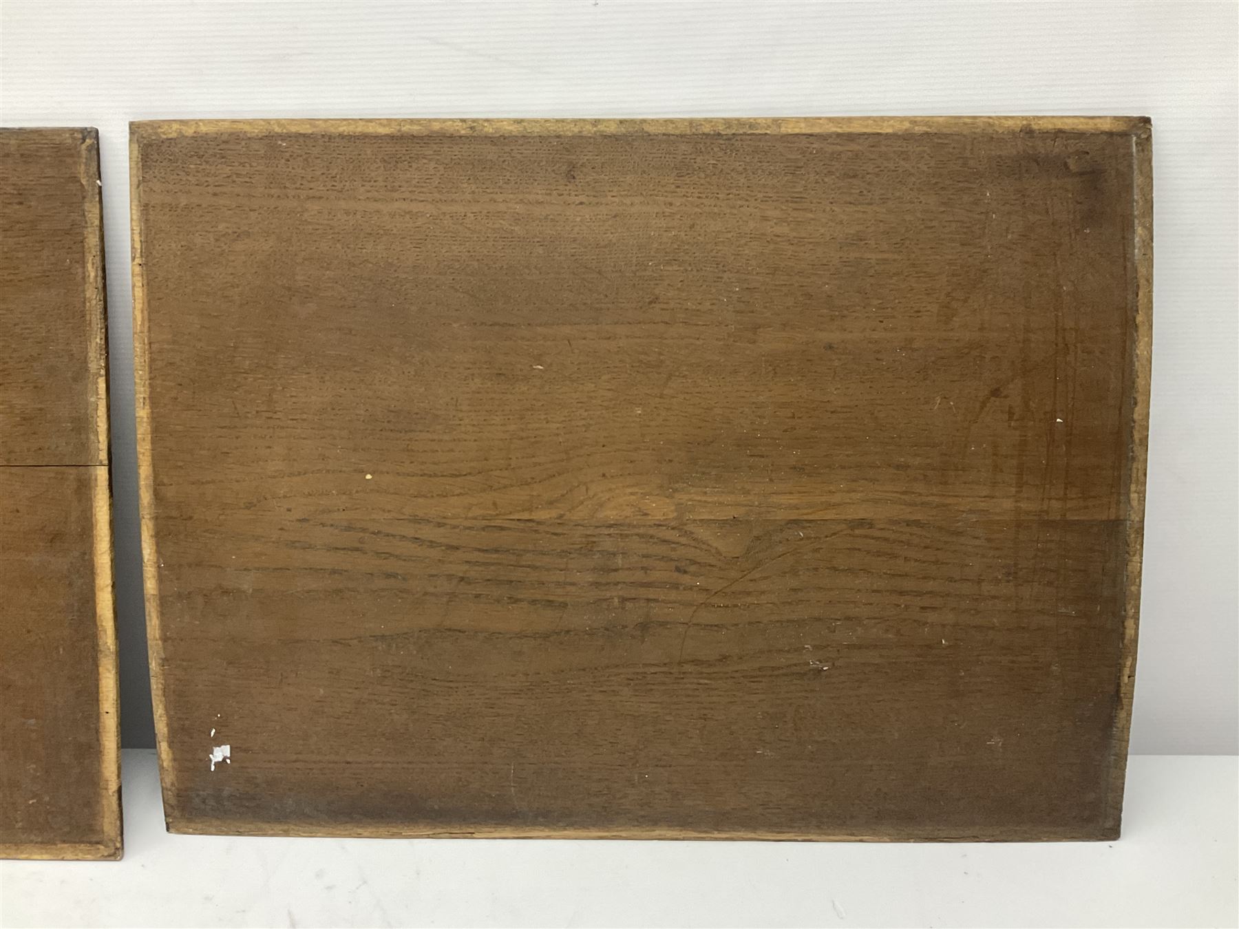 Pair of oak furniture door panels, carved in relief with a fox to one and a hound to the other, together with a pair of smaller oak panels, carved in relief with a hare to one and a grouse to the other, doors W63.cm x H62cm, panels W43cm x H60cm