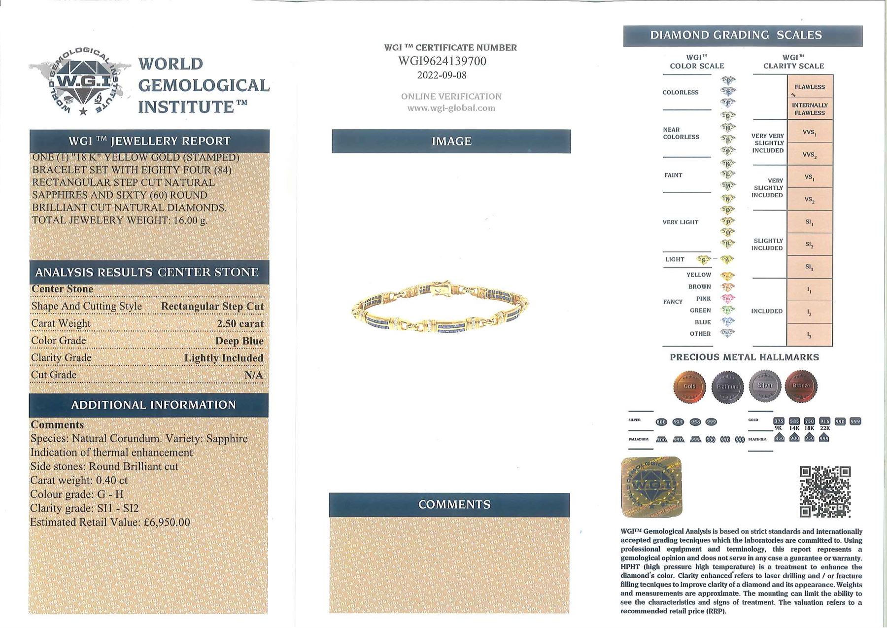 18ct gold sapphire and diamond bracelet, each link set with two rows of rectangular step cut sapphires, with pave set diamonds either side, stamped, total diamond weight 0.40 carat, total sapphire weight 2.50 carat, with World Gemological Institute report