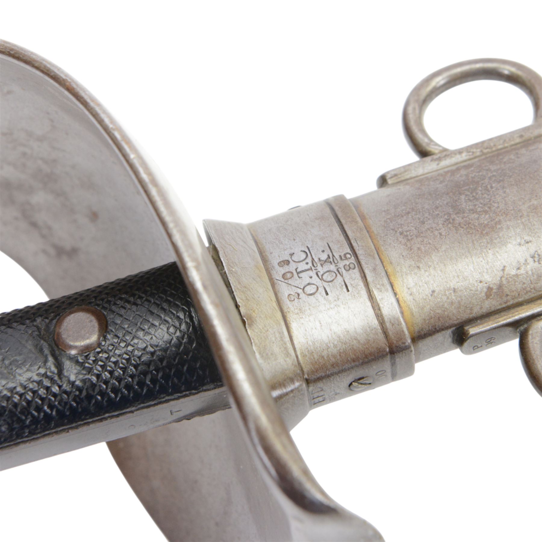 British 17th Lancers, Duke of Cambridge Own, 1899 cavalry sword, with L83cm single-edged slightly curved blade, top of blade etched '30E', broad sheet steel bowl hilt with chequered black leather grip scales, the steel two ring scabbard engraved 2/09 O.T.C , overall L104cm