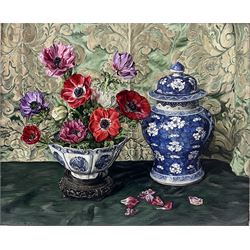 Alfred Hawkins Palmer (British 1905-1984): 'Anemones in a Kangxi Bowl', oil on board signed, titled and signed verso with artist's address 51cm x 61cm