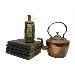 Copper and glass lantern together with a copper kettle and four volumes of the horse its' treatment in health and disease by Prof. J.Wortley. 