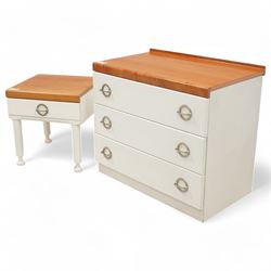 Mid-20th century cherry wood and white painted chest, fitted with three drawers (W77cm, H68cm, D46cm); together with a matching bedside lamp table (W46cm, H48cm, D44cm)