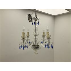 Glass four light chandelier, the baluster shaped central glass column supporting four curved branches with drip pans and blue glass drops, approx height excl fitting H50cm