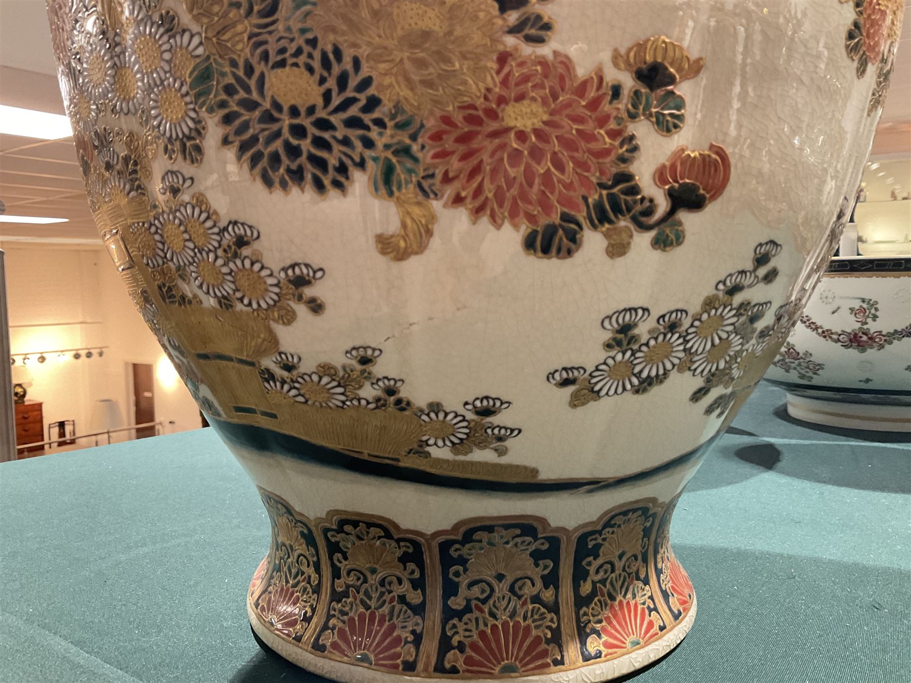Large satsuma vase of baluster form, decorated with flowering sprigs and gilt borders, H48cm 