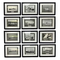 Set of twelve monochrome photographs of mid-20th century merchant vessels comprising general cargo ships, cargo liners, RMMV passenger cargo liners and hospital ship including Rowallan Castle, Drakensberg Castle, Stirling Castle, Capetown Castle, Pachumba, Tilapa etc; average size 18 x 24cm; uniformly mounted in black frames (12)