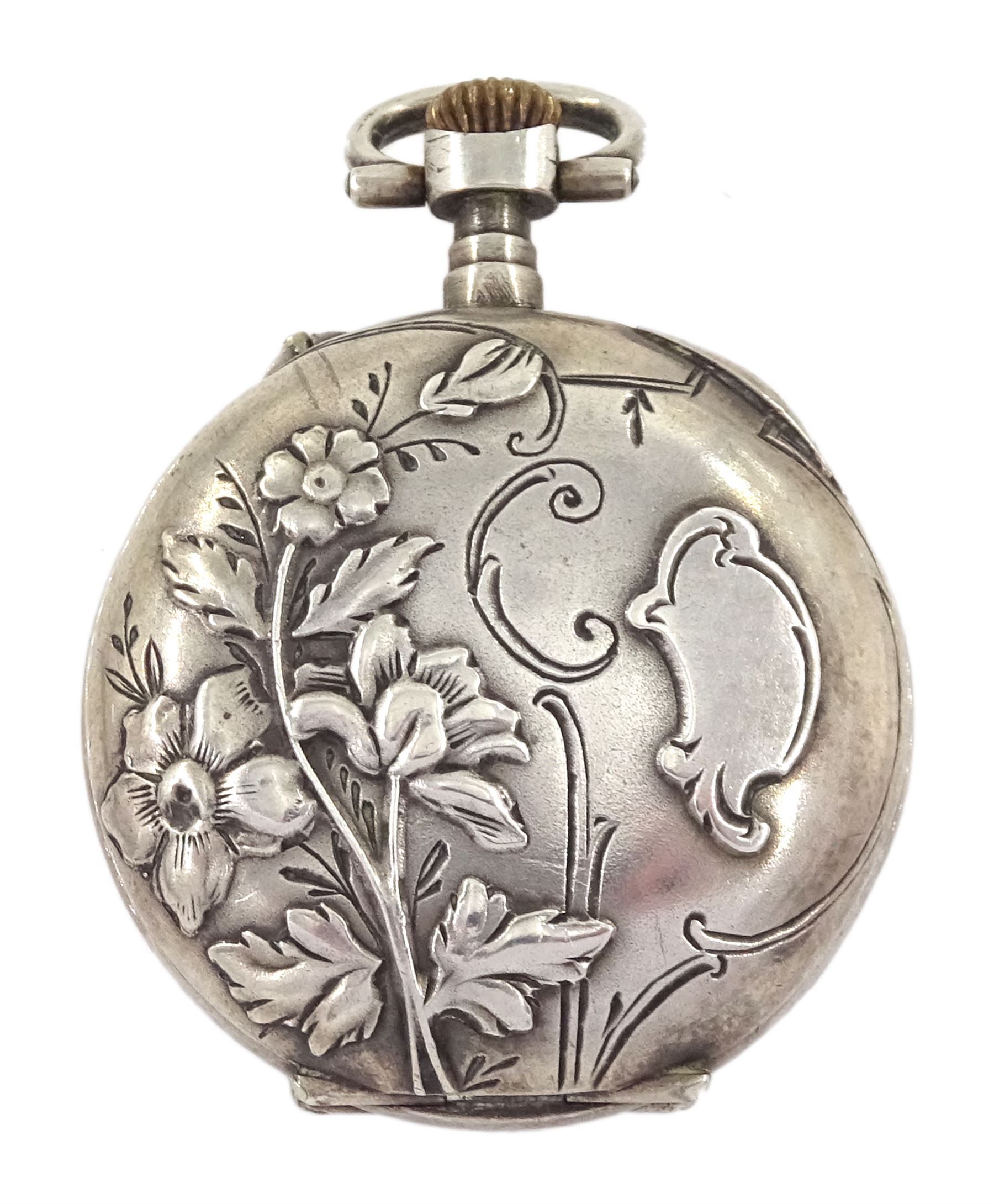 Manis gentleman's 9ct gold manual wind wristwatch, hallmarked, on tan leather strap and a silver cylinder ladies fob pocket watch, the case with embossed floral decoration