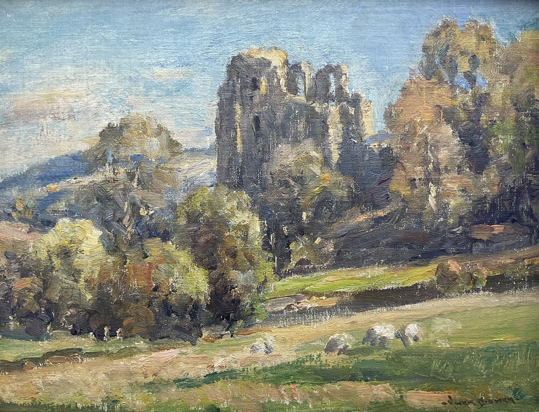 Owen Bowen (Staithes Group 1873-1967): Harewood Castle near Leeds, oil on board signed 26cm x 34cm