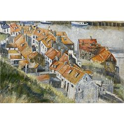 Sue Nichol (Northern British Contemporary): Roof Tops Henrietta Street Whitby, oil on canvas signed and dated '13, 60cm x 90cm (unframed)