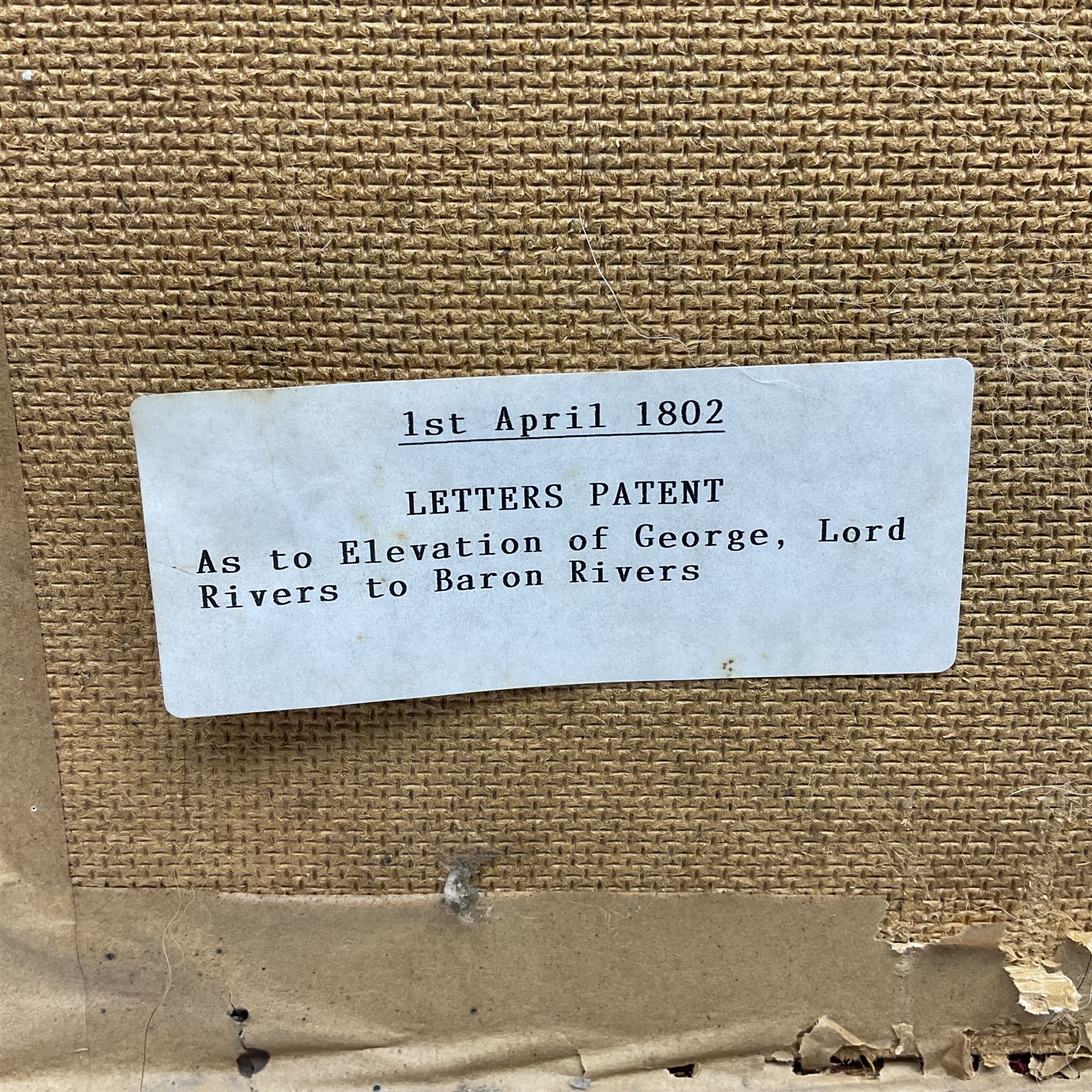 Large 18th century framed and glazed Indenture for King George III to George Rivers, Lord Rivers of Straths Saye, including frame H92.5cm L107.5cm