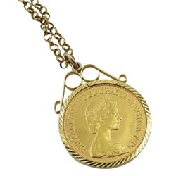 Elizabeth II 1982 gold half sovereign, loose mounted in gold pendant on gold chain, both 9ct stamped or tested