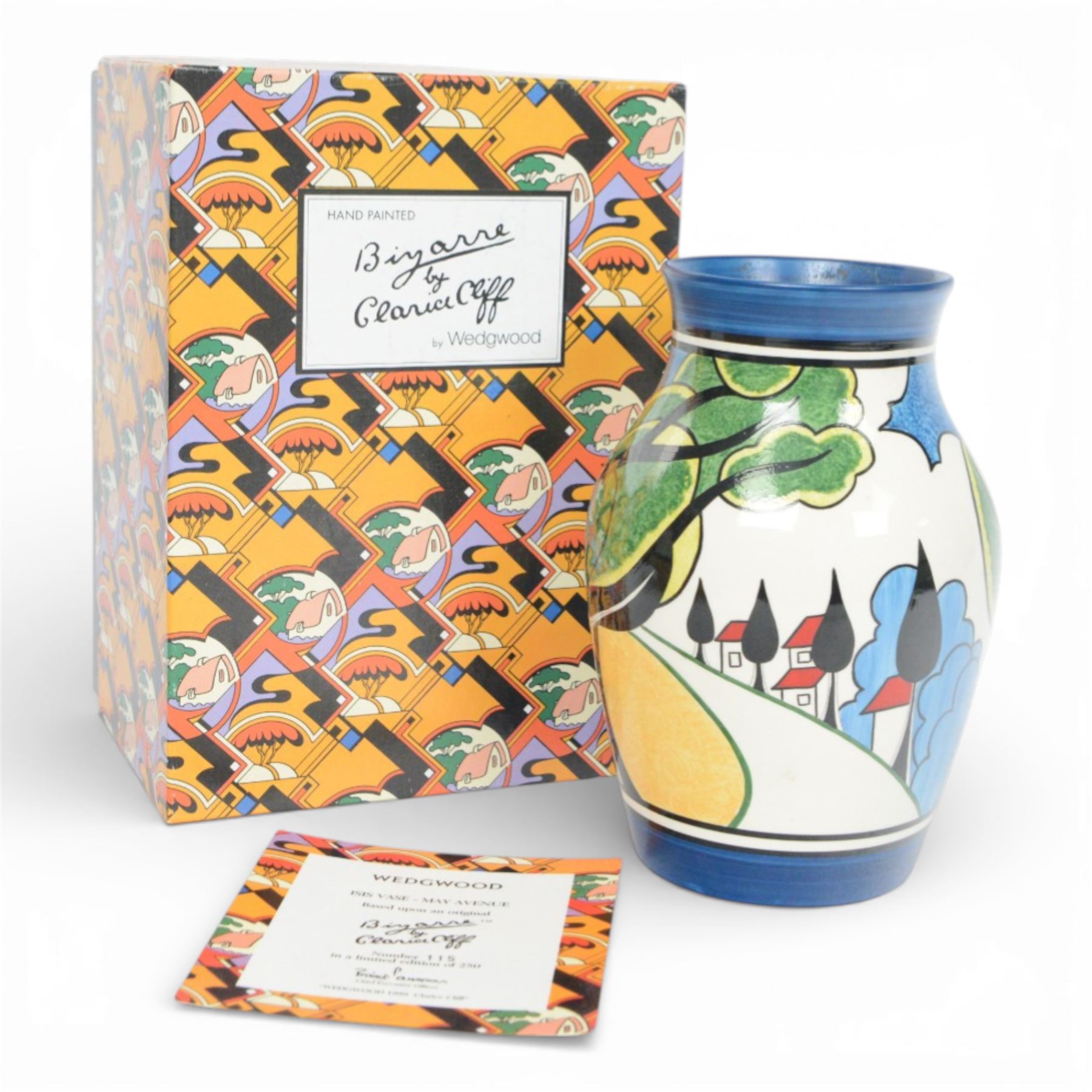 Wedgwood Bizarre by Clarice Cliff, Isis vase, May Avenue, hand painted based upon an original, limited edition 115/250, with certificate and box, H22cm 