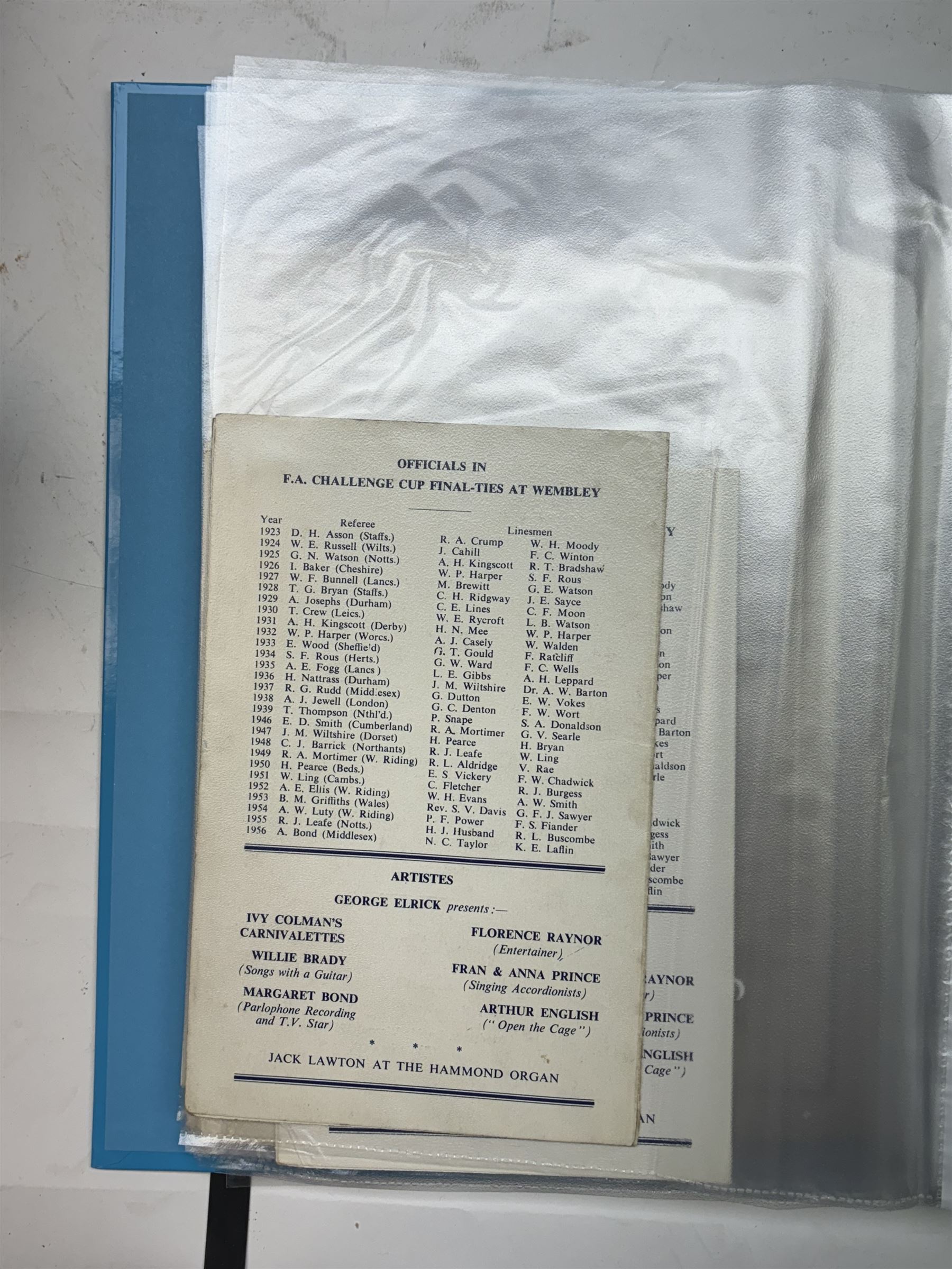 Collection of football memorabilia belonging and relating to the Hull based referee Frank Coultas, including 9ct gold Referee's medal for the 1957 Aston Villa v Manchester United FA Cup Final, inscribed 'The Football Association, F.B Coultas, F.A. Challenge Cup Competition, Final Tie 1957', hallmarked and in original case; the kit worn by him to referee the 1957 FA Cup Final and ephemera relating to the match including photographs, programmes and tickets; together with other football memorabilia collected by Frank Coultas, including programmes, photograph and ticket stubs, with some items relating to the 'Busby Babes'