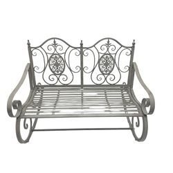 Wrought metal rocking garden bench seat, in antique grey finish