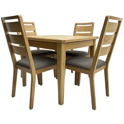 Light oak extending dining table, square-to-rectangular fold-over and slide top, on square tapering supports (W85cm H77cm); and set of four matching chairs, high ladder back over grey upholstered seat (W47cm H99cm)
