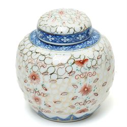 Late 19th/Early 20th century Japanese Imari bowl decorated with panels of flowers in blue, orange and green etc D27cm, Imari vase H24cm and a small ginger jar (3)