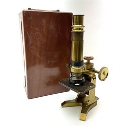 19th century lacquered brass monocular microscope by Moritz Pillischer No.1795 in fitted mahogany box with carrying handle and two additional lenses 