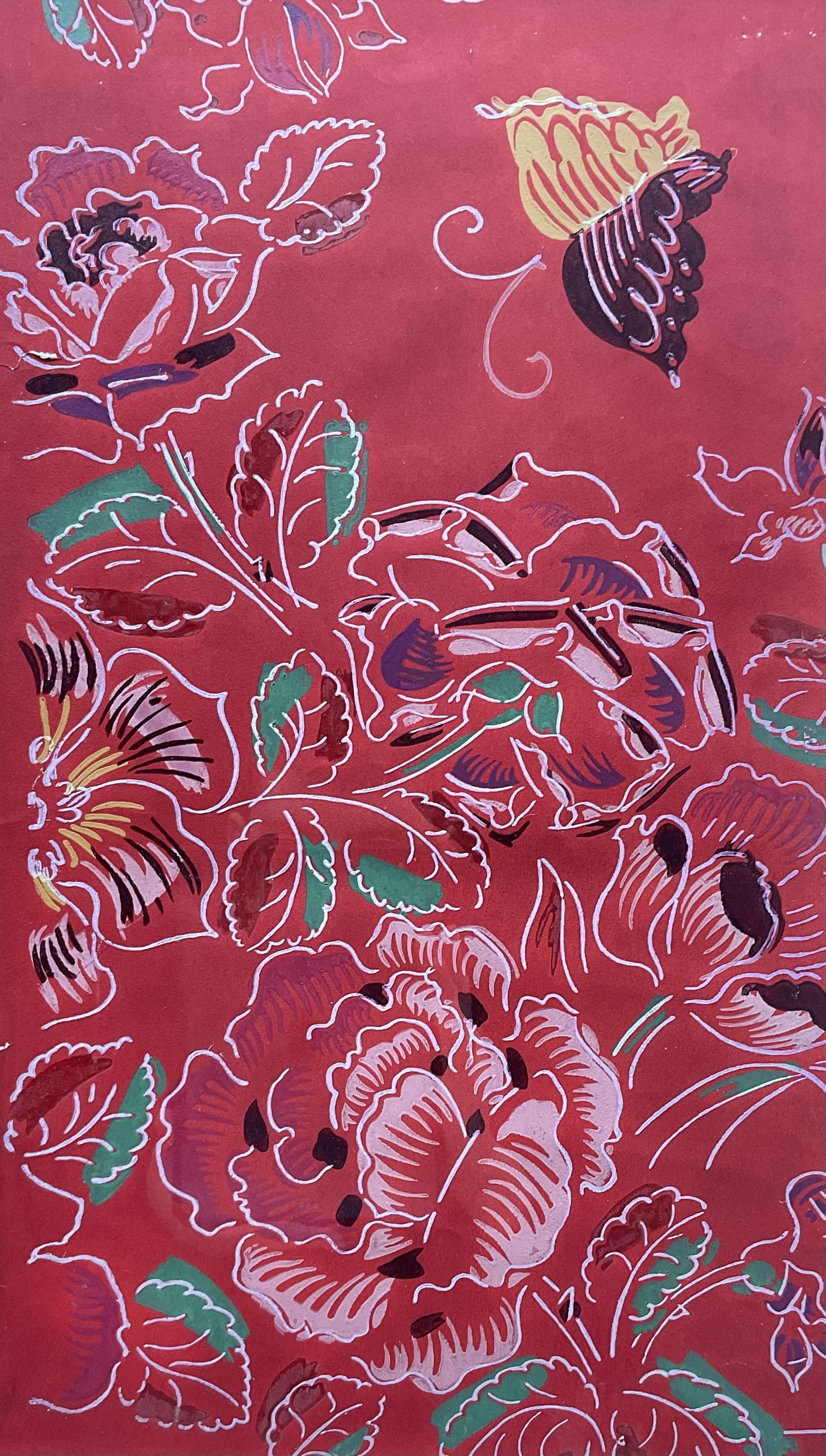 Raoul Dufy (French 1877-1953): Butterfly and Floral design, gouache on paper unsigned 27cm x 48cm
Provenance: with Leighton Fine Art; Bianchini Ferier Archive - Christie's London 16th November 2000.
Notes: The silk weaving house of Bianchini Firier was founded in Lyon in 1888. In 1912 Raoul Dufy signed a contract with them and went on to produce about 4000 designs for Bianchini Firier between 1912 and 1928. After his contract came to an end Bianchini Firier continued to make fabrics for important fashion houses such as Worth, Madeleine Vionnet, Jeanne Lanvin Paquin and Patou. They produced scarves for Hermes, Jacques Fath and others and created imaginative designs for Givenchy, Balenciaga, Chanel, Dior and Yves Saint-Laurent etc.