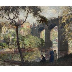 Frederick (Fred) Stead (British 1863-1940): Knaresborough with a Steam Train crossing the Viaduct, oil on canvas signed 75cm x 90cm